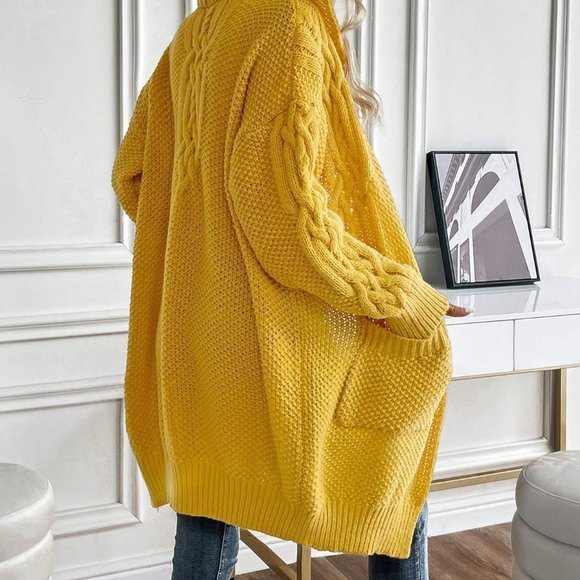 Yellow Boho Womens Dual Pocket Drop Shoulder Cable Knit Hooded Cardigan - Picture 3 of 6